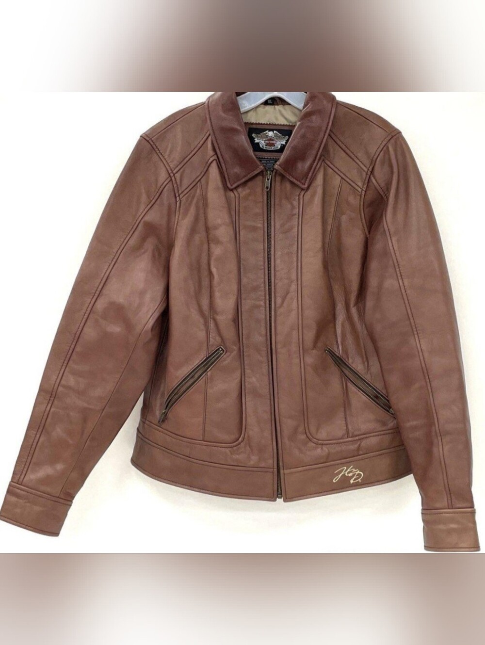 Harley Davidson Brown Leather Jacket Women’s XL Embroidered Back Moto Biker
